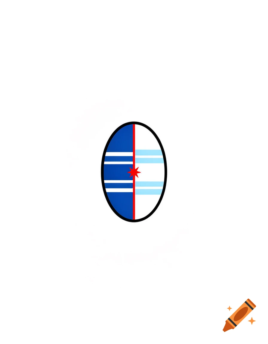 Minimalist tattoo design of a vertical oval split into blue and white halves with a red star in the center, black outline.