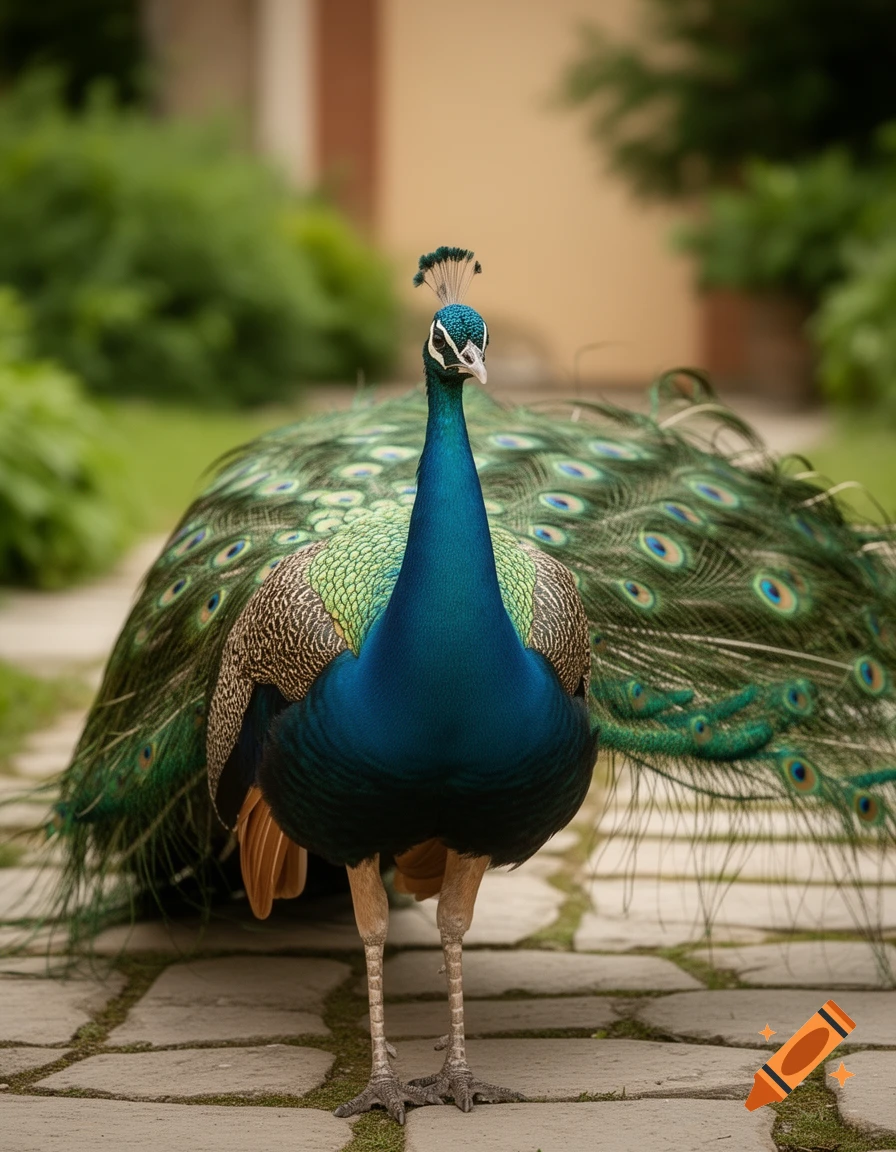 A photorealistic close-up of a vibrant peacock with its tail feathers fanned out, standing on a stone pathway.