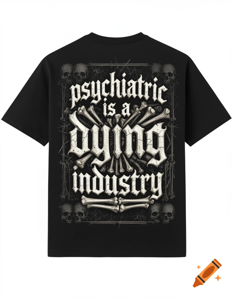 Black t-shirt featuring a gothic design on the back with skulls, bones, and the text 'psychiatric is a dying industry'.