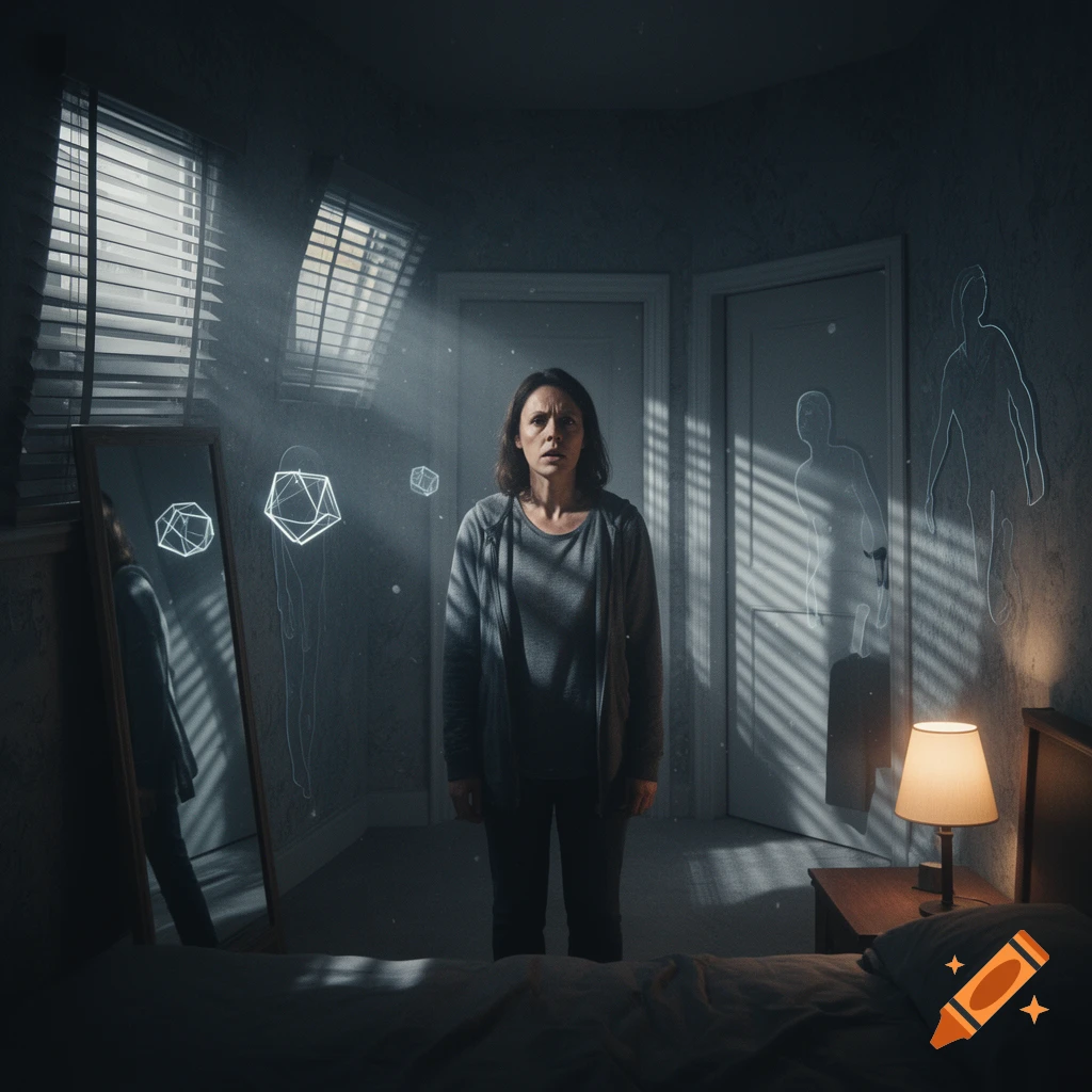 Photorealistic scene of a worried woman standing in a dark bedroom with ghostly outlines on the walls and a mirror reflection.