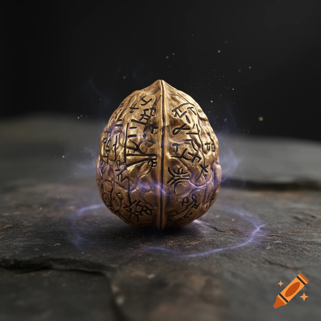 An engraved golden walnut-sized object covered in mysterious symbols, surrounded by glowing energy on a dark stone surface.