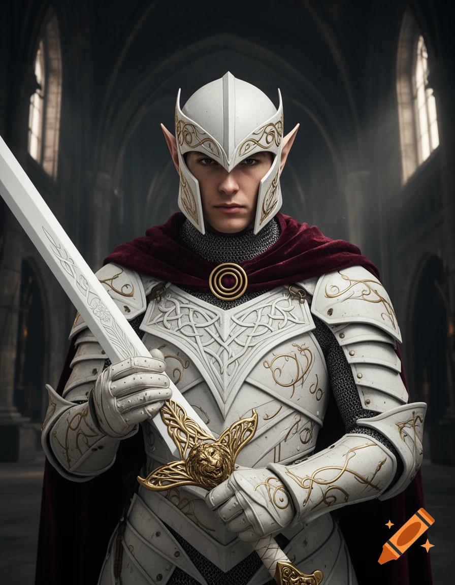 Photorealistic close-up portrait of an elven warrior in intricate white and gold plate armor holding a sword.