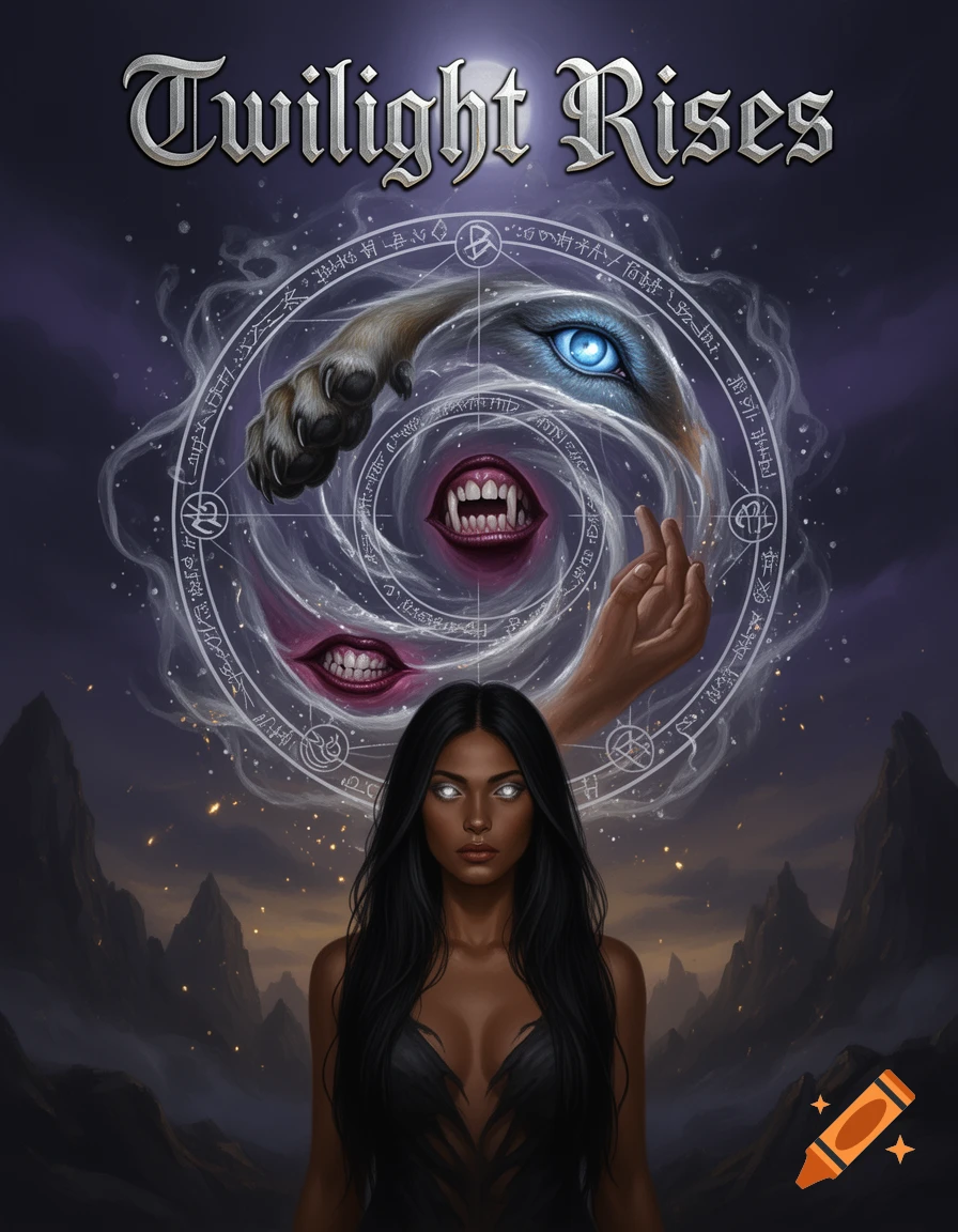 Digital dark fantasy illustration of a woman with glowing silver eyes beneath a swirling magical circle containing a wolf paw, eye, vampire teeth, and hand, with the text 'Twilight Rises'.