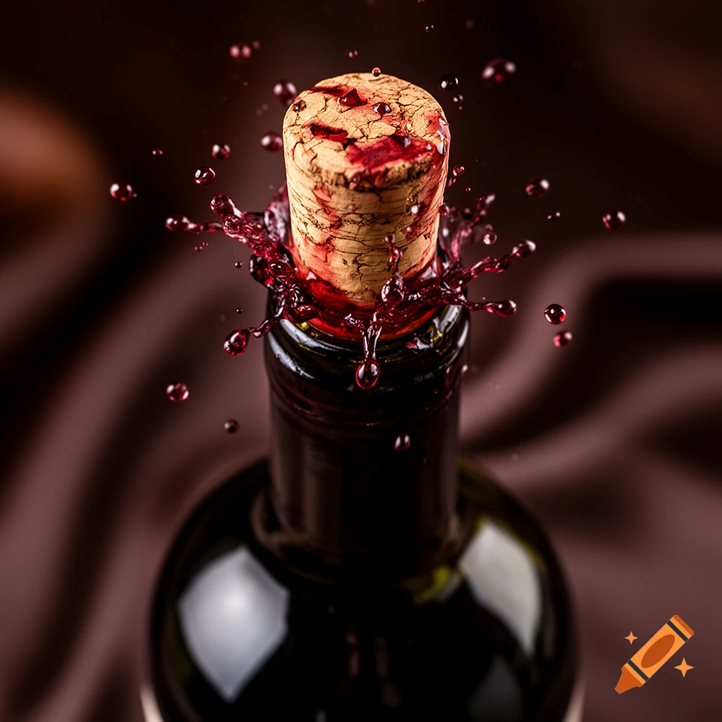 Photorealistic close-up of a wine bottle neck as the cork pops out, surrounded by splashing droplets of red wine against a dark background.