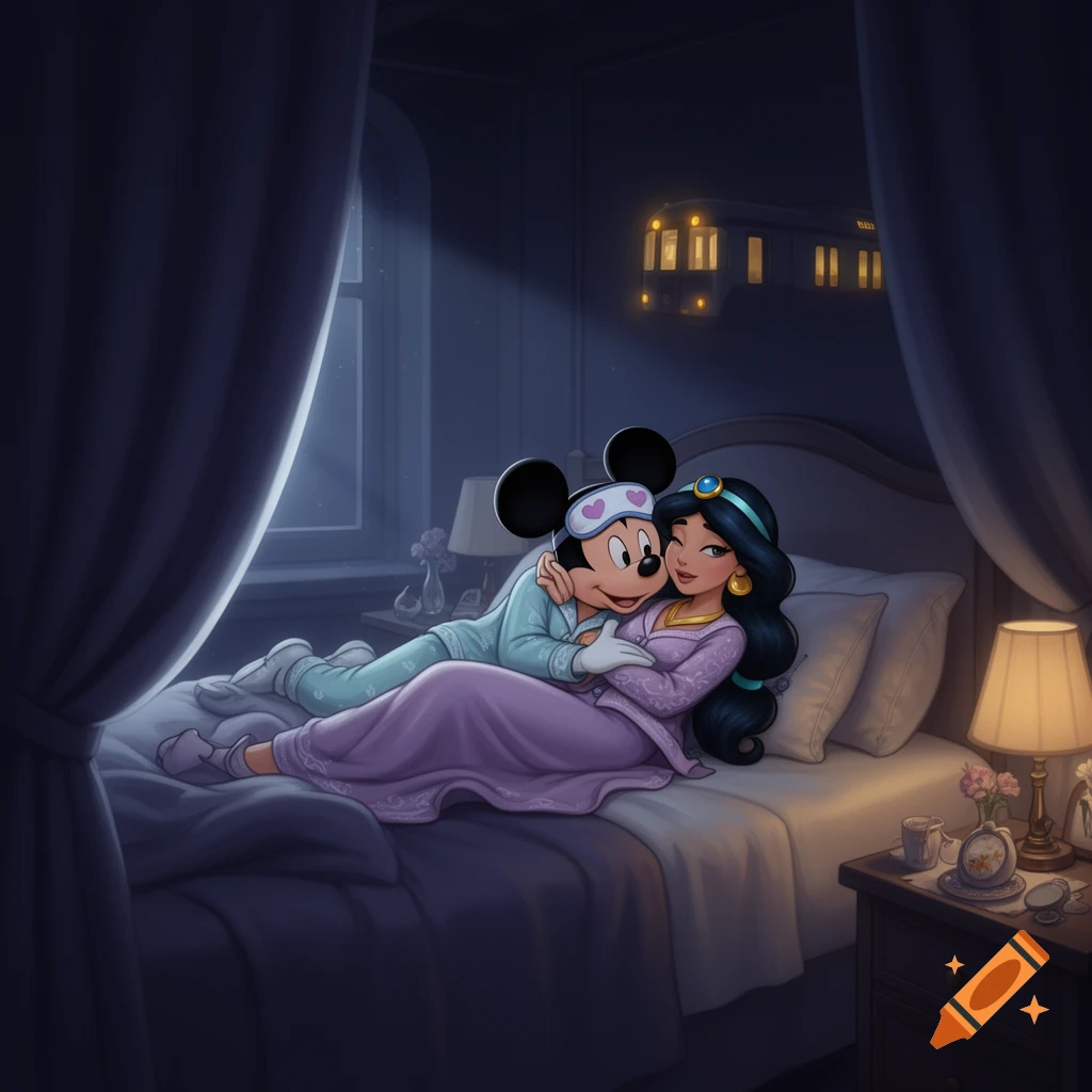 Digital illustration of Mickey Mouse and Princess Jasmine lying together on a bed in a cozy bedroom at night.