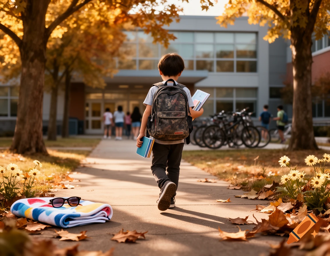 A young boy with a backpack holding notebooks walking down a school sidewalk in autumn.