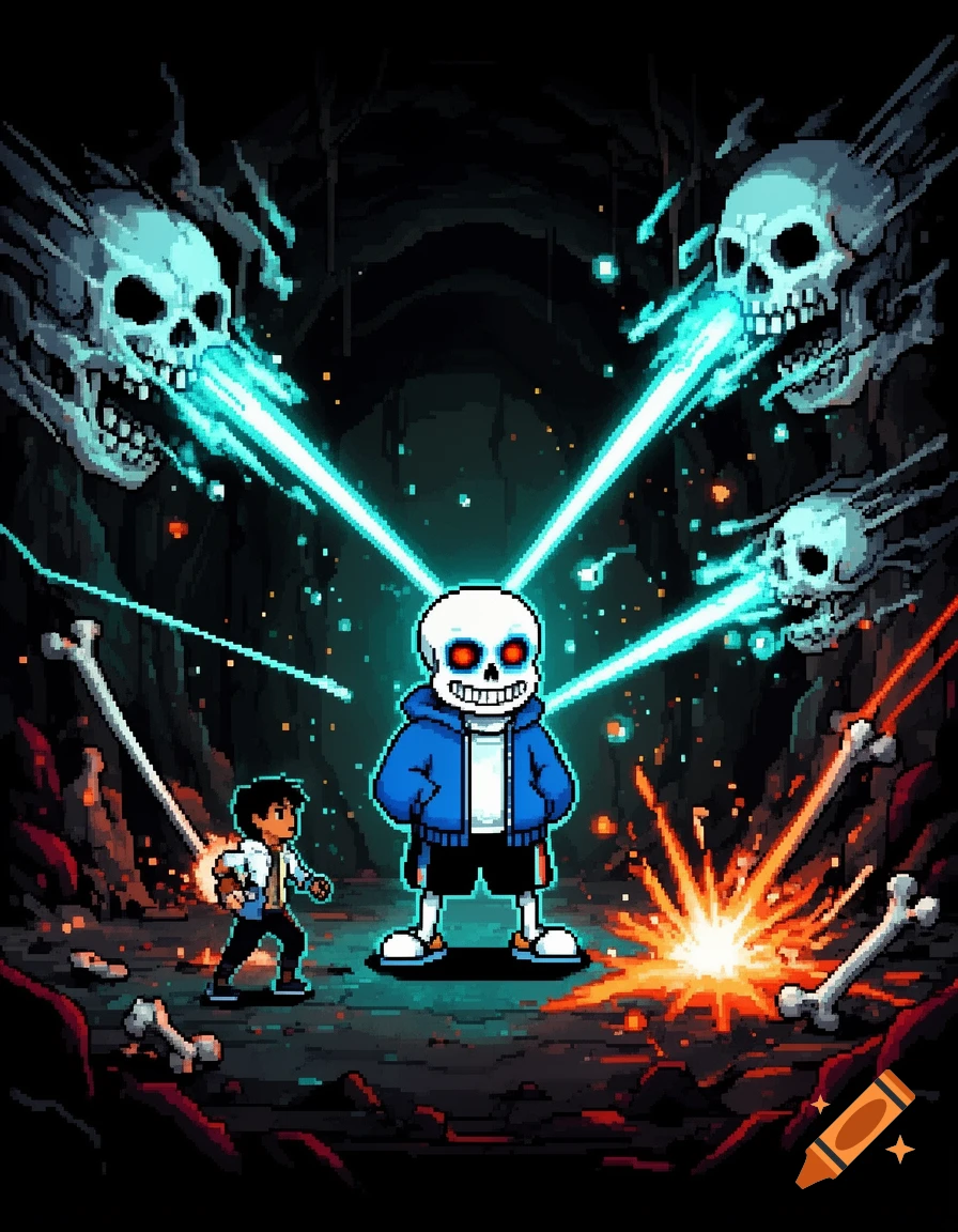 Pixel art scene of Sans from Undertale fighting a human in a dark cavern with glowing blue skulls and magic.