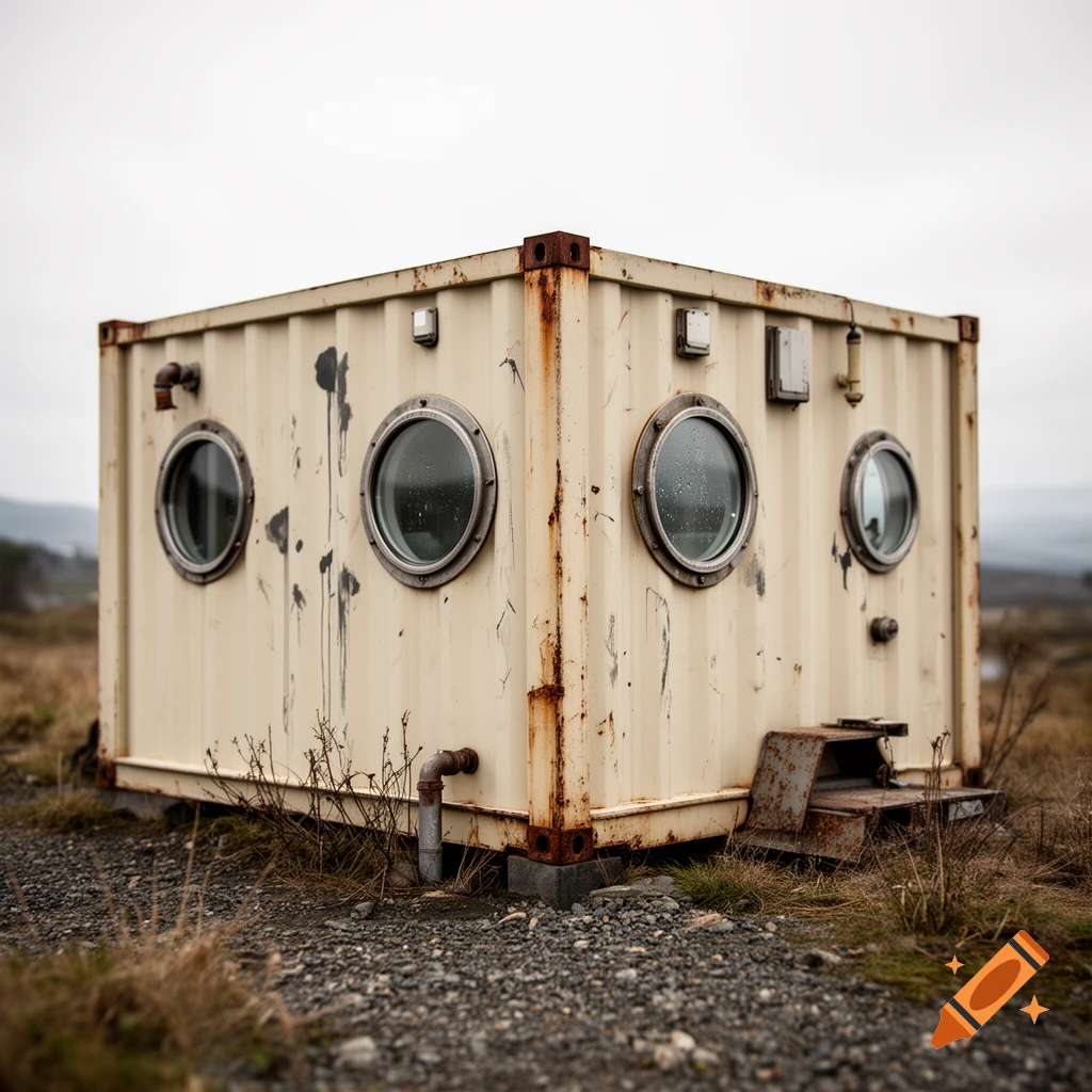 Photorealistic image of a weathered, cream-colored metal container home with porthole windows set in a gravel landscape.