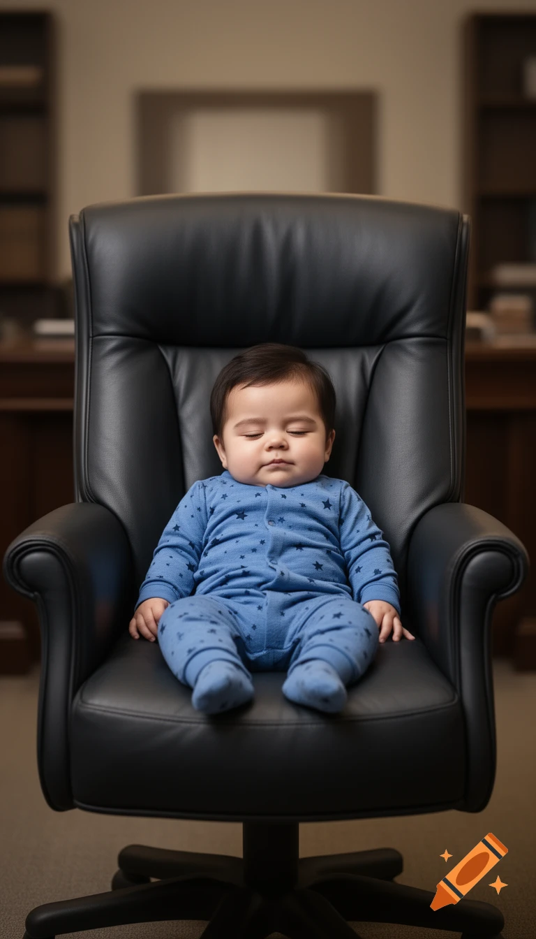 A realistic photo of a sleepy one-year-old baby boy in blue star-patterned pajamas sitting in an oversized black leather executive chair.