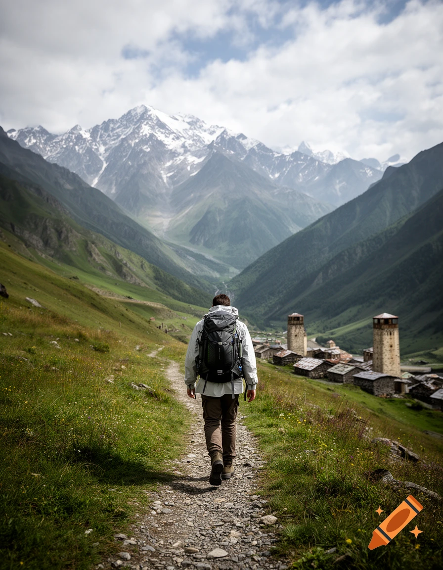 A hiker with a backpack walks on a mountain trail towards a village in a valley with snow-capped peaks in the background, photorealistic style.