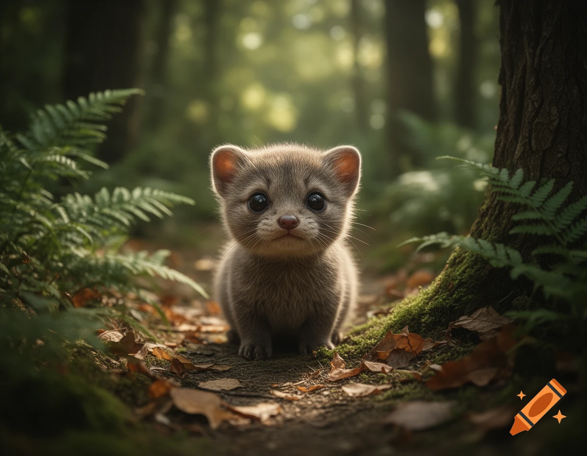 Photorealistic close-up of a small, cute furry creature standing on a forest path surrounded by ferns and mossy trees.