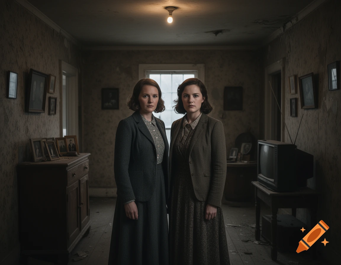 Photorealistic interior shot of two women standing in a dark, dilapidated room with vintage furniture and a television.