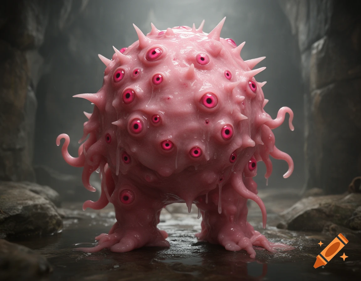 Photorealistic image of a large, fleshy, pink blob creature covered in many bright pink eyes, spikes, and tentacles, standing in a dark cave.