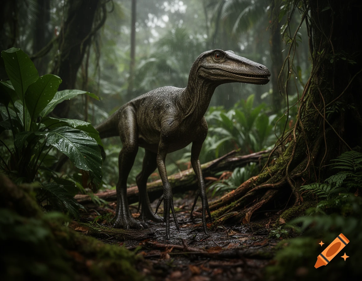 Photorealistic dinosaur with elongated legs standing in a lush, misty rainforest.