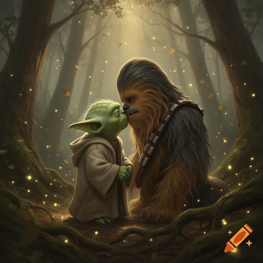 Yoda and Chewbacca kissing in a mystical forest with glowing fireflies, digital illustration style.