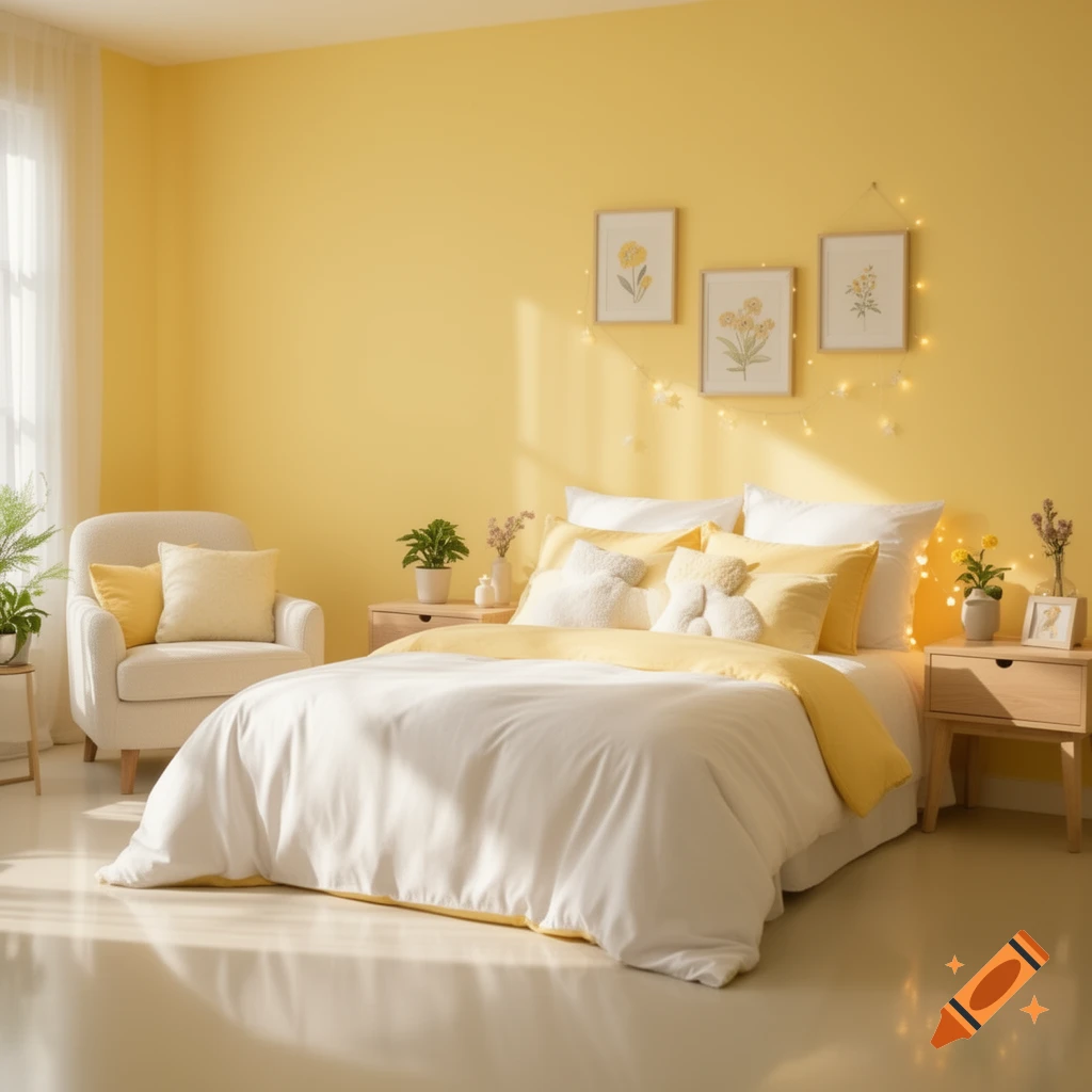 A cozy, bright yellow bedroom with a white and yellow bed, matching armchair, and string lights on the wall.