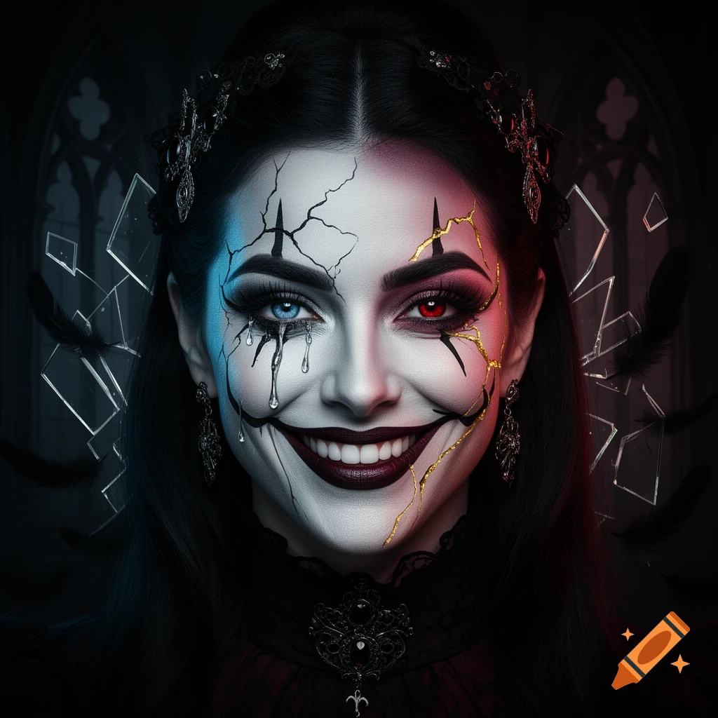 Close-up portrait of a woman in gothic clown makeup, half crying with a blue light and half laughing with a red light, against a dark backdrop.