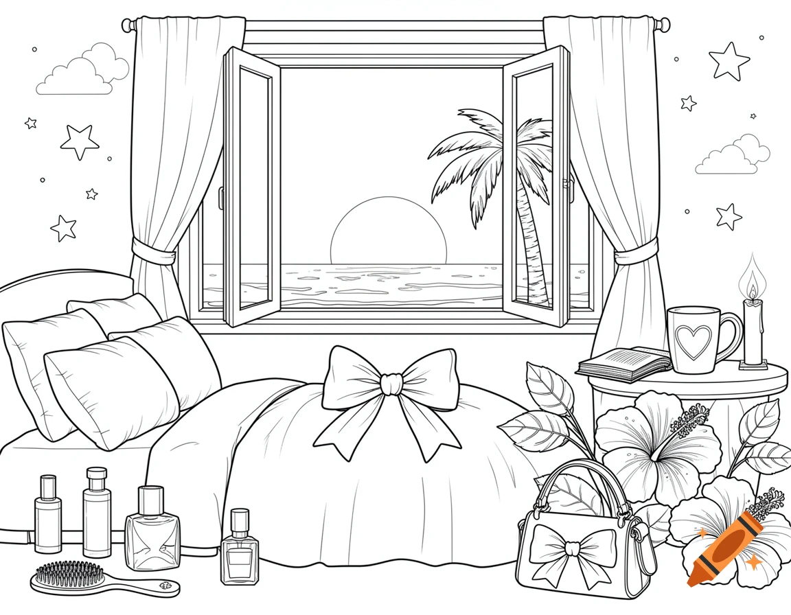 Black and white line art coloring page of a cozy bedroom with an open window showing a sunrise over the sea, palm trees, and flowers.