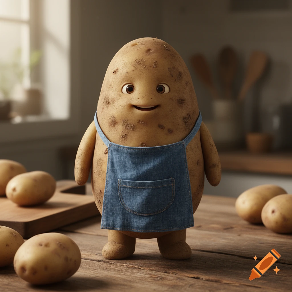 A photorealistic cute anthropomorphic potato character wearing a blue denim apron, standing on a wooden kitchen table.