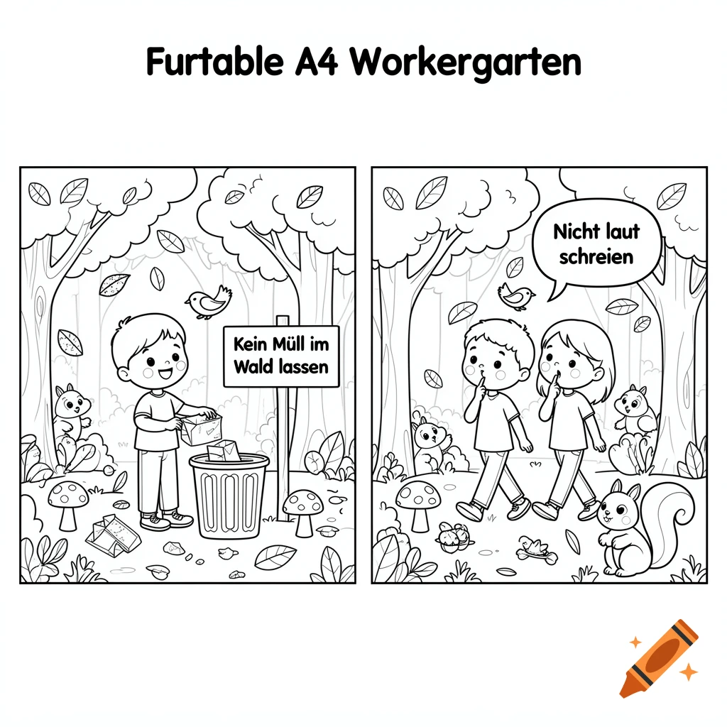 Black and white coloring page for children showing two scenes about forest rules with German text.