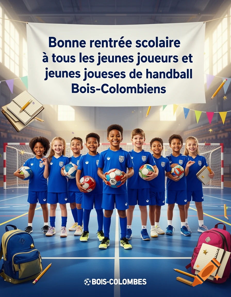 Group of diverse young children in royal blue sportswear holding handballs in an indoor gym, with a banner above.
