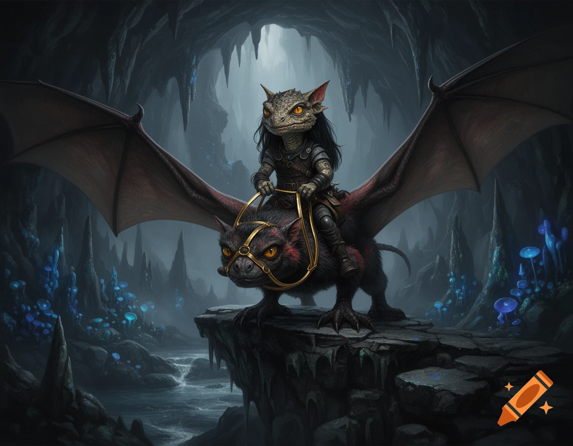 A D&D kobold with long black hair riding a giant bat with golden reins, perched on a rock in an underground cavern with glowing blue mushrooms.