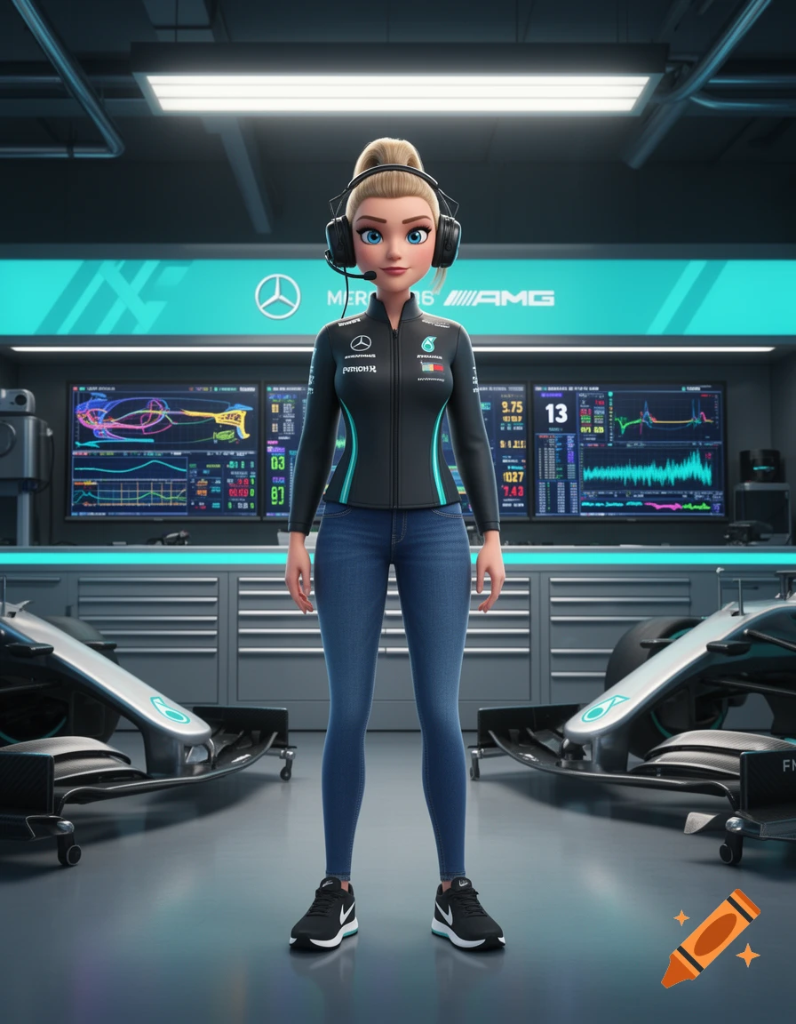 3D animated blonde woman in Mercedes F1 racing team gear and blue jeans standing in a garage, in the style of Illumination.