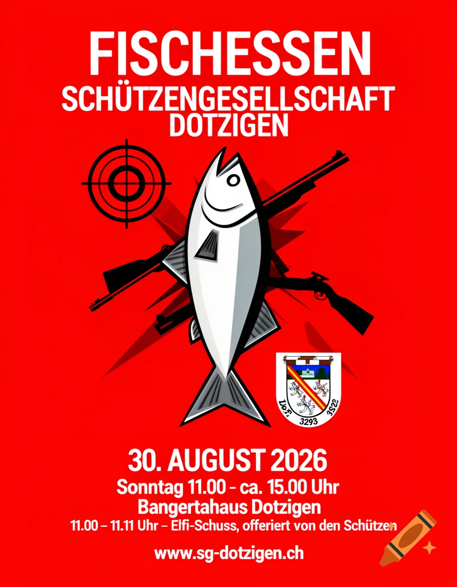 Red promotional poster for Fischessen Schützengesellschaft Dotzigen with a fish, gun, target, and event details in German.