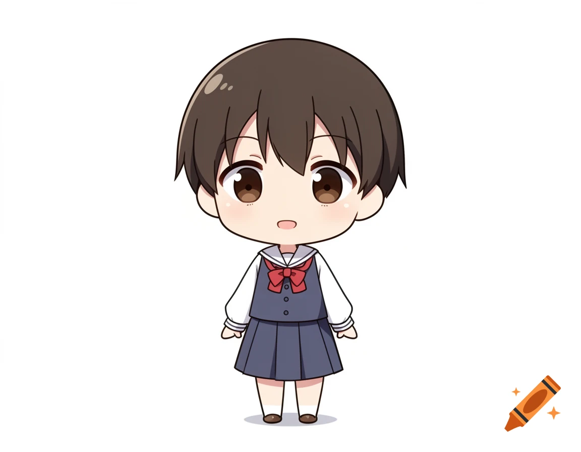 Chibi anime schoolgirl character with short brown hair wearing a dark blue sailor uniform, flat style illustration on white background.