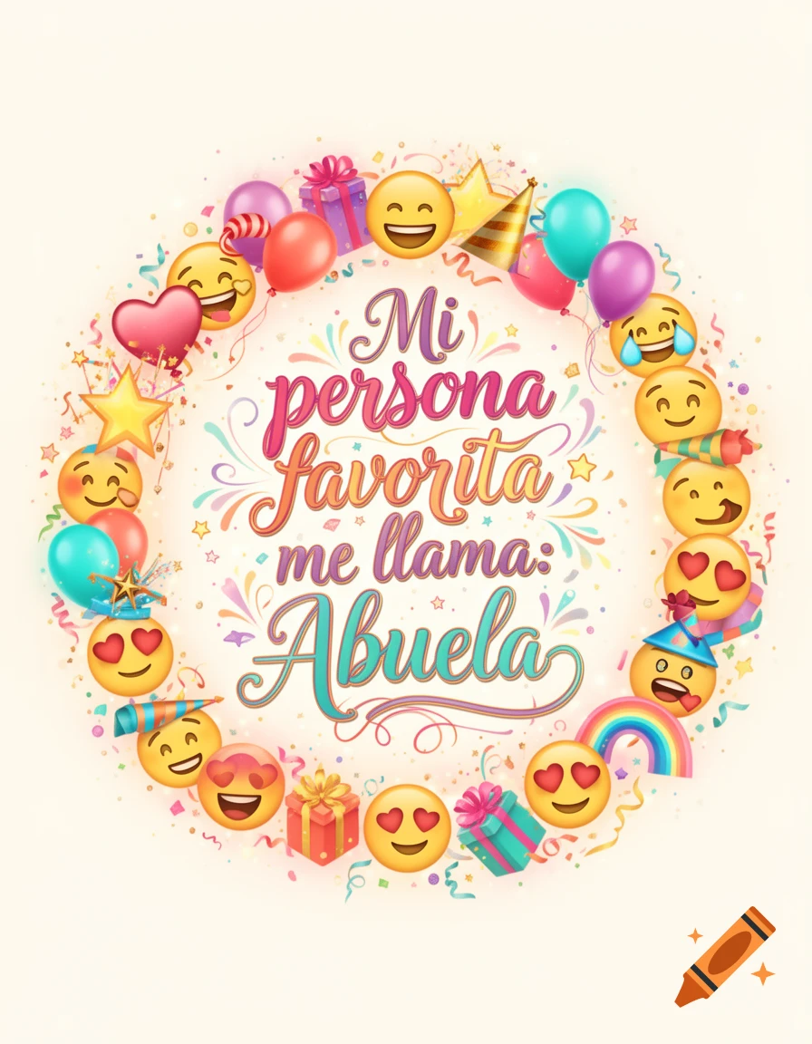 Colorful digital illustration with the Spanish text 'Mi persona favorita me llama: Abuela' surrounded by a circle of various emojis, balloons, and gifts.