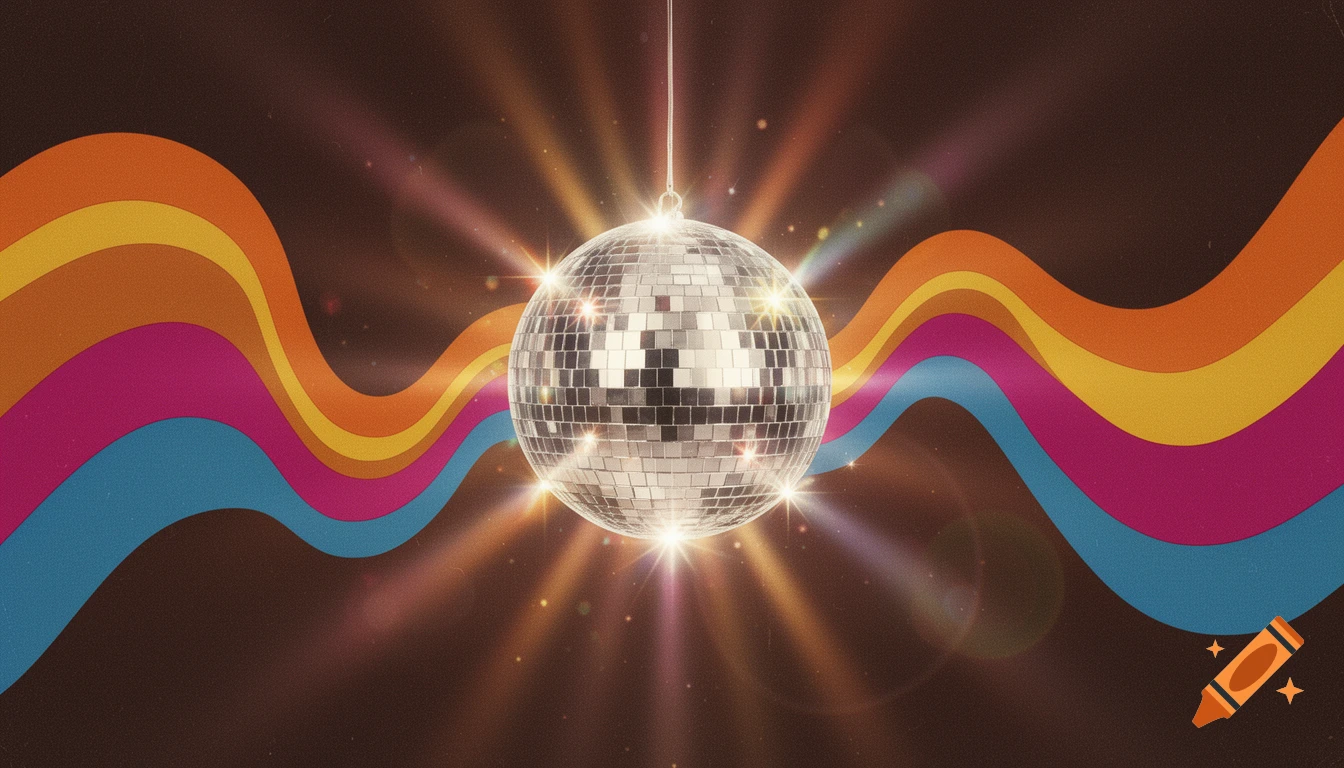 Retro 1970s disco background featuring a shimmering silver disco ball with sparkling light rays and wavy psychedelic stripes.