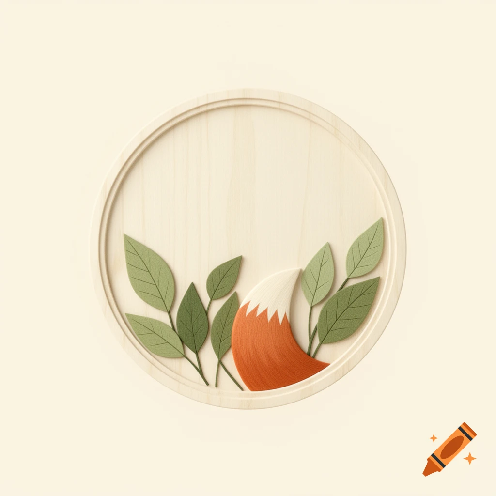 A stylized wooden circular frame with green leaves and a fluffy fox tail sticking out, cream background.
