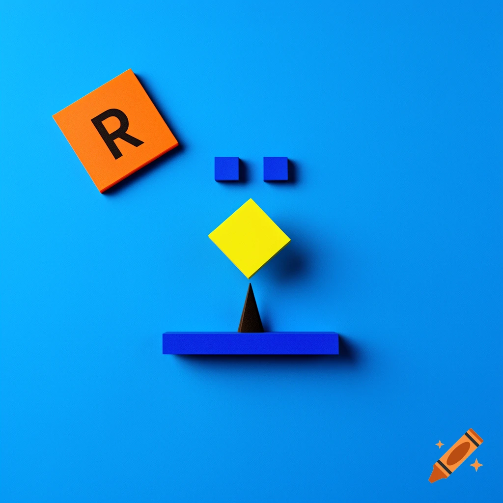 A 3D minimalist scene with a blue background, an orange square with the letter R, a yellow square, and a black spike.