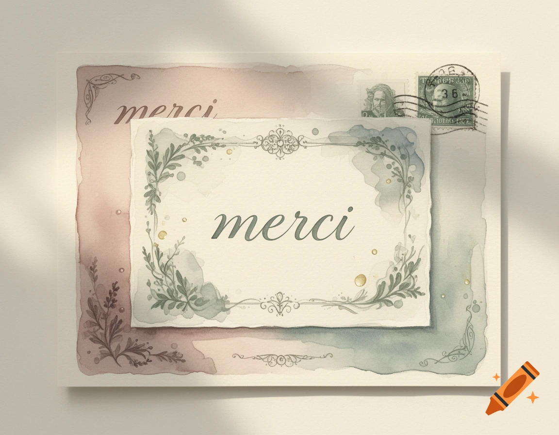 Watercolor postcard illustration with the word merci written in cursive and decorative botanical frames.