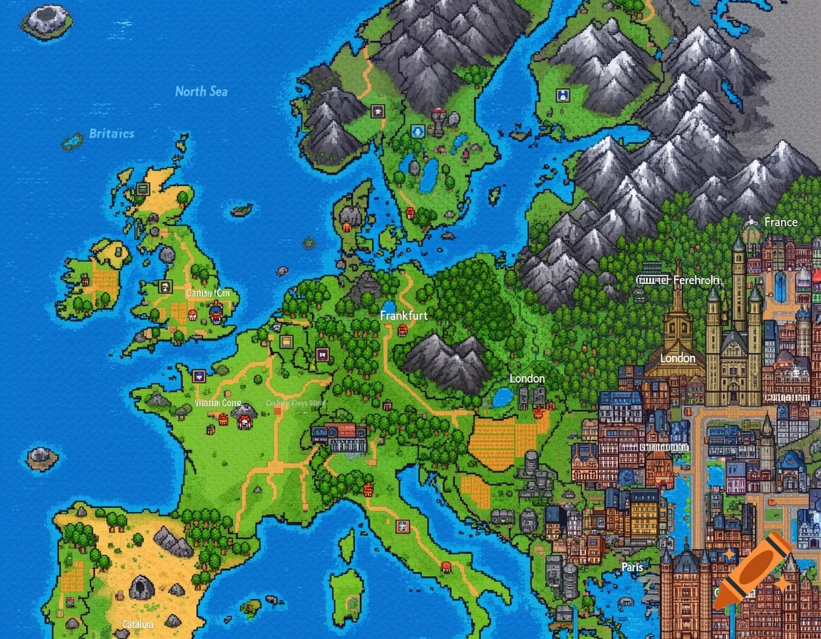 Fictional pixel art style map of Western Europe with cities and geographical features.