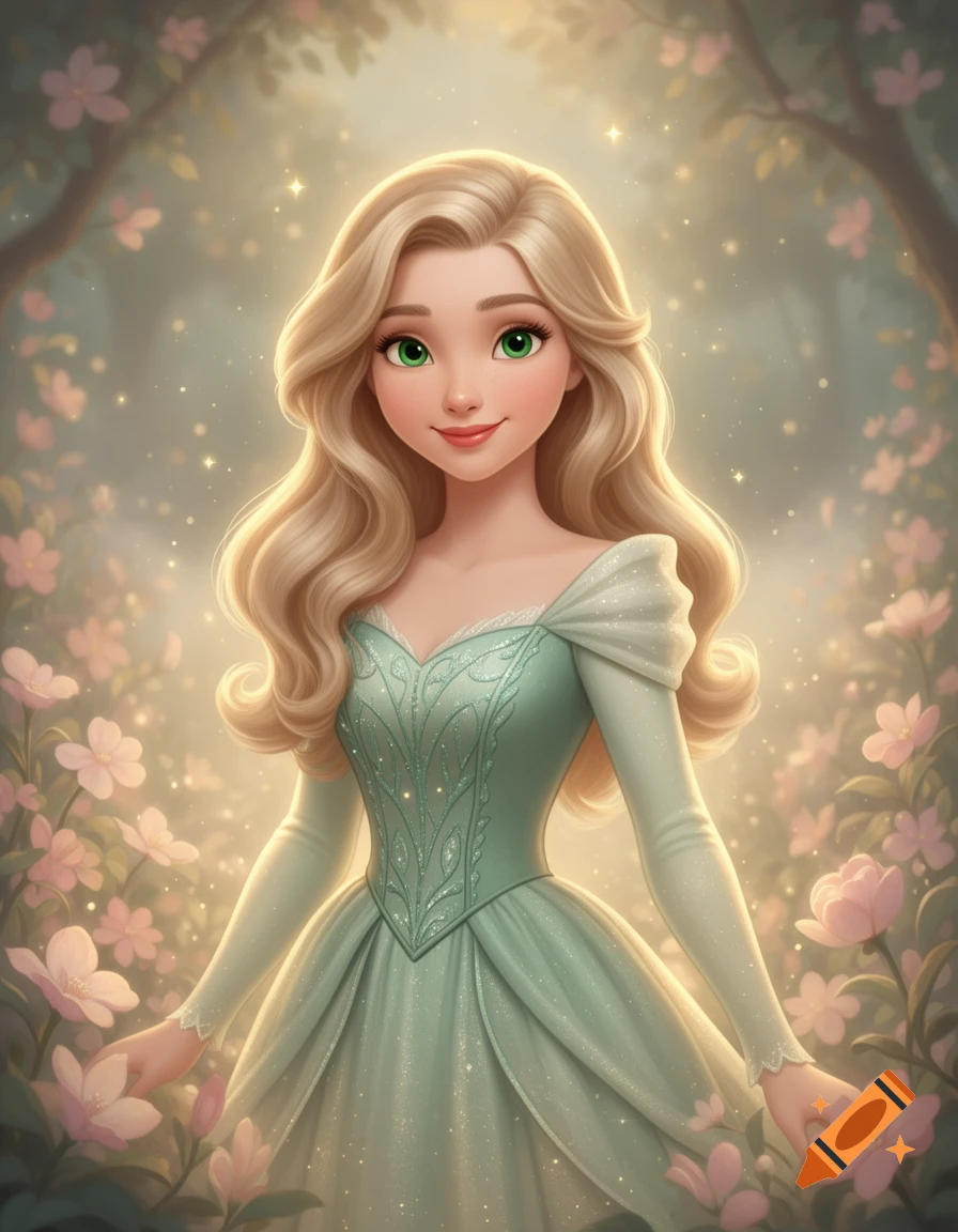 Digital illustration of a young blonde woman with green eyes in a light green gown, surrounded by pink flowers.