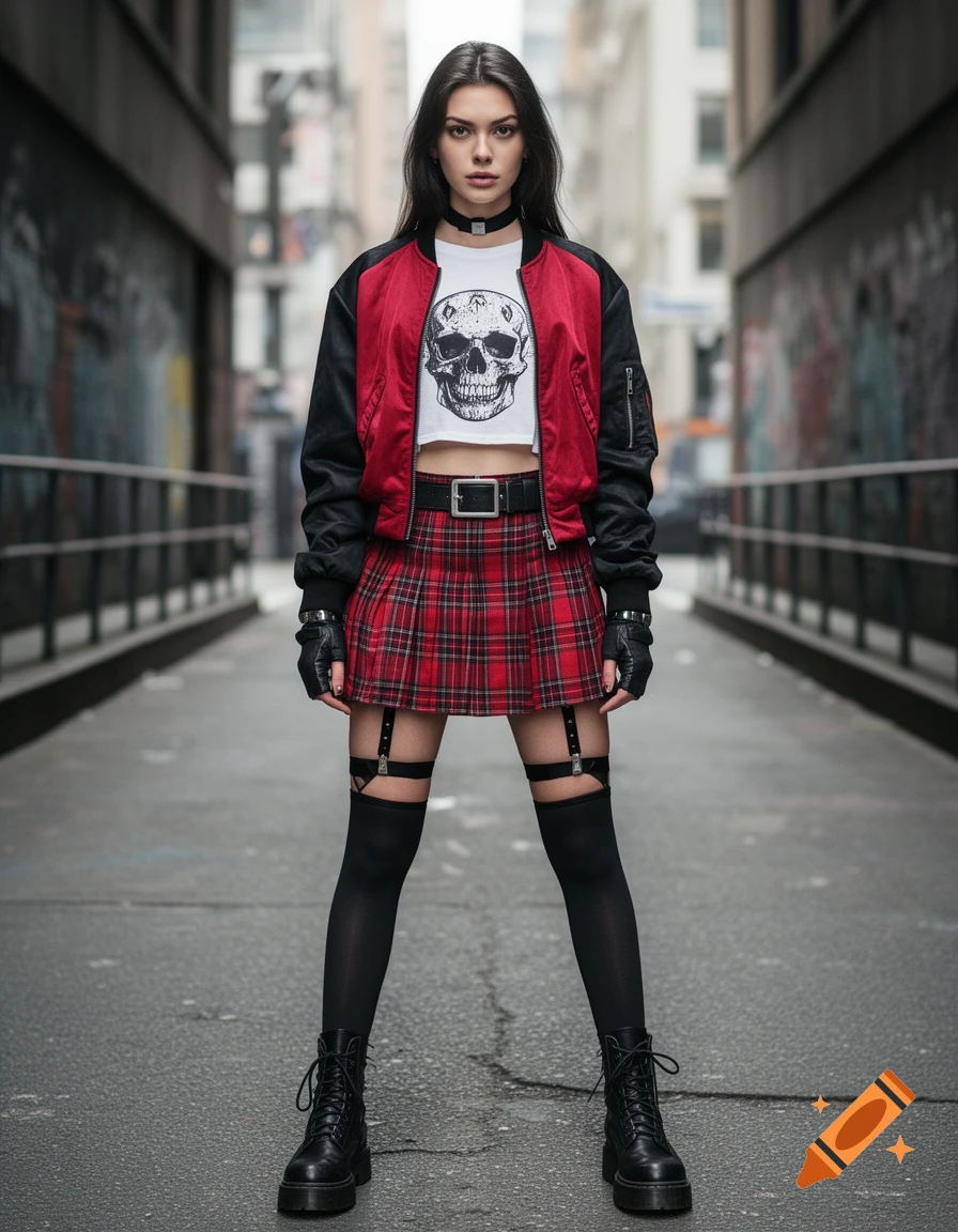 Photorealistic full-body shot of a young woman in punk streetwear in an urban alleyway.