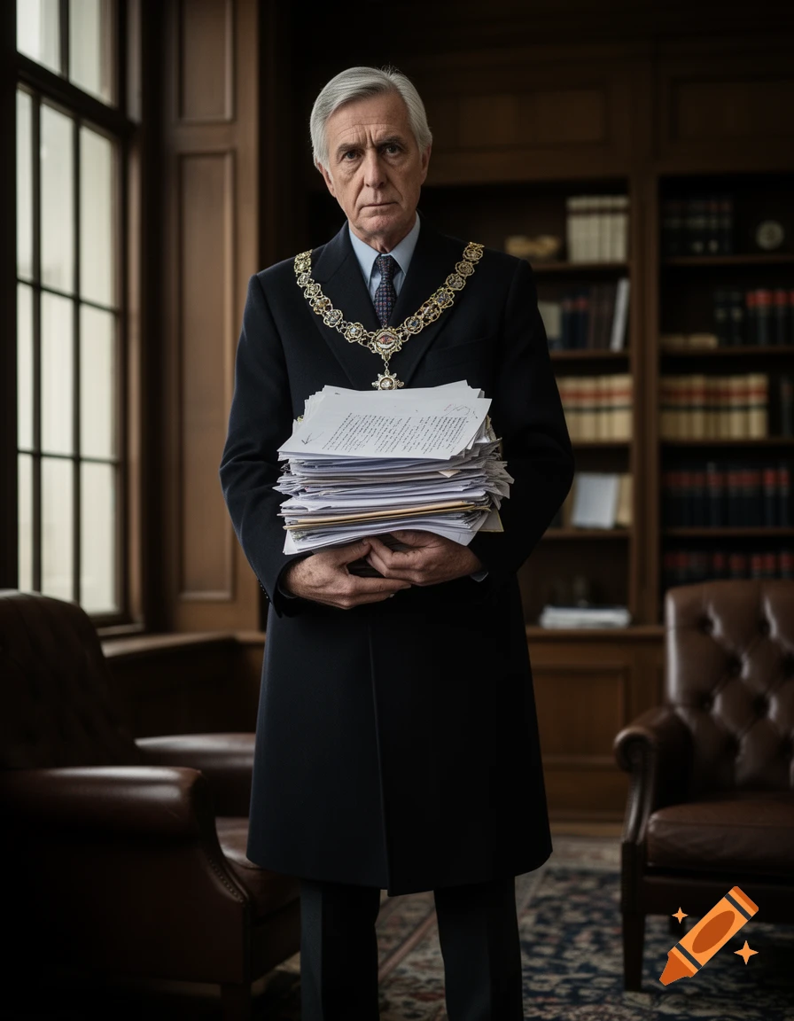 Photorealistic portrait of a middle-aged man in a dark coat and chain of office holding a stack of papers in a library.