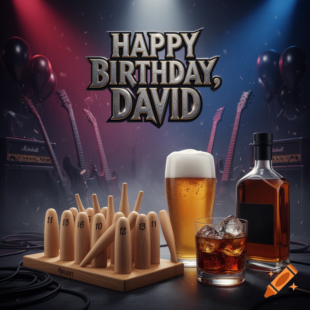 Rock-themed birthday illustration with a Mölkky game set, beer, whiskey, guitars, and balloons, featuring text 'Happy Birthday, David'.