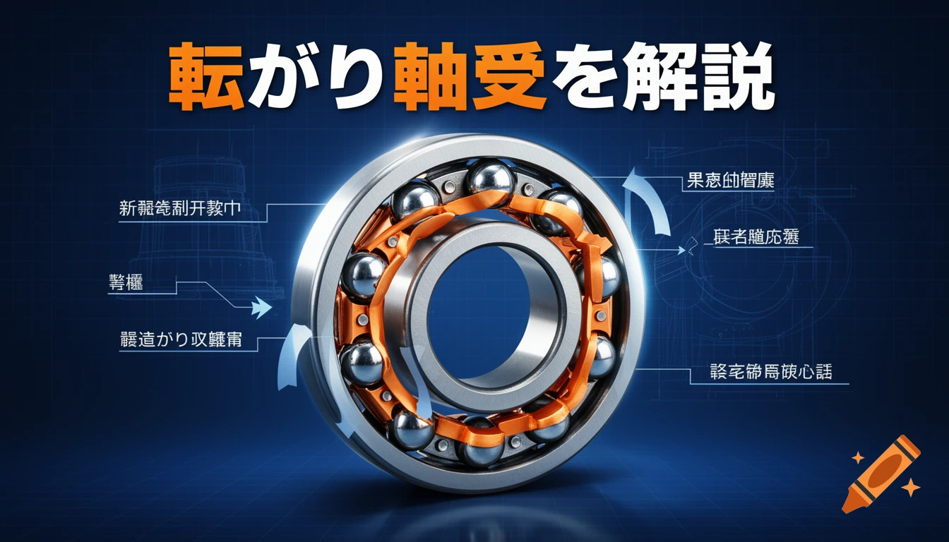 Detailed 3D diagram of a rolling bearing with Japanese text and technical annotations on a blue background.