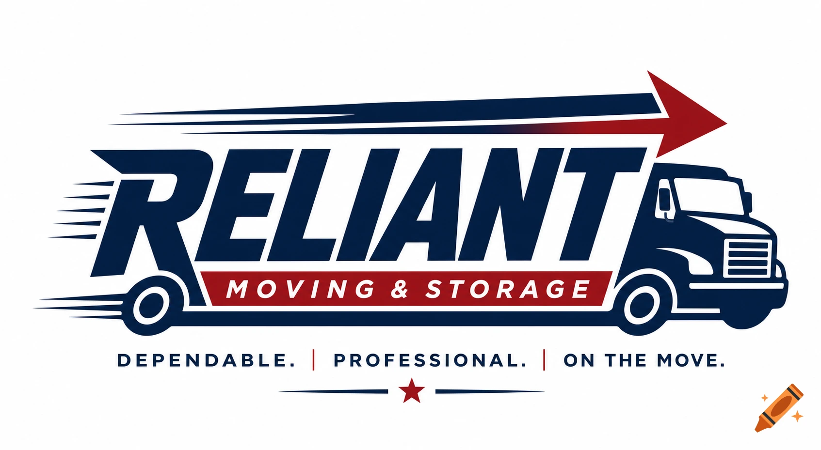 Logo for Reliable Moving and Storage featuring a semi-truck with speed lines and a red arrow, in blue and red.