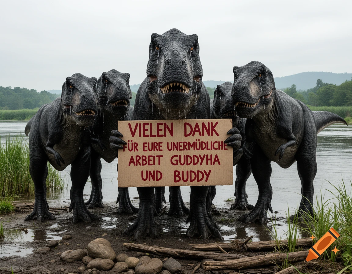 Several realistic black Tyrannosaurus Rex dinosaurs standing by a river, crying and holding a sign with German text.