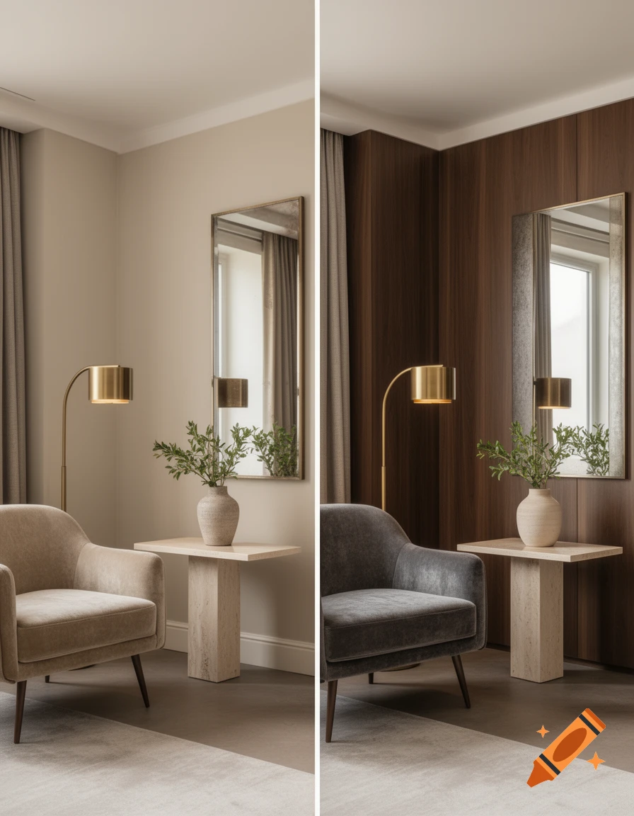 Before and after comparison of a living room corner interior design with modern armchair, lamp, and wooden wall panels.