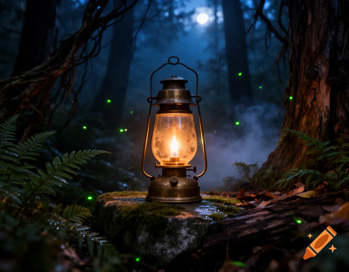 Photorealistic night scene of a glowing vintage oil lamp resting on a mossy rock in a dark forest with fireflies.