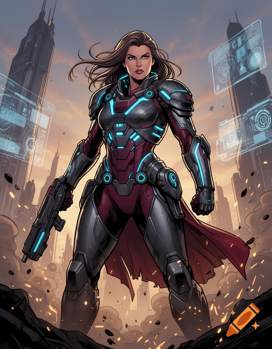 Comic book style illustration of a female soldier in futuristic armor holding a futuristic rifle amid a ruined cityscape.