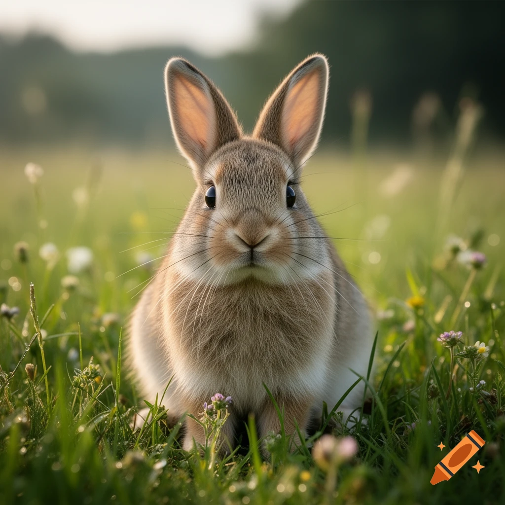 Close-up photorealistic shot of a small brown and white rabbit sitting attentively in a green meadow filled with wildflowers.