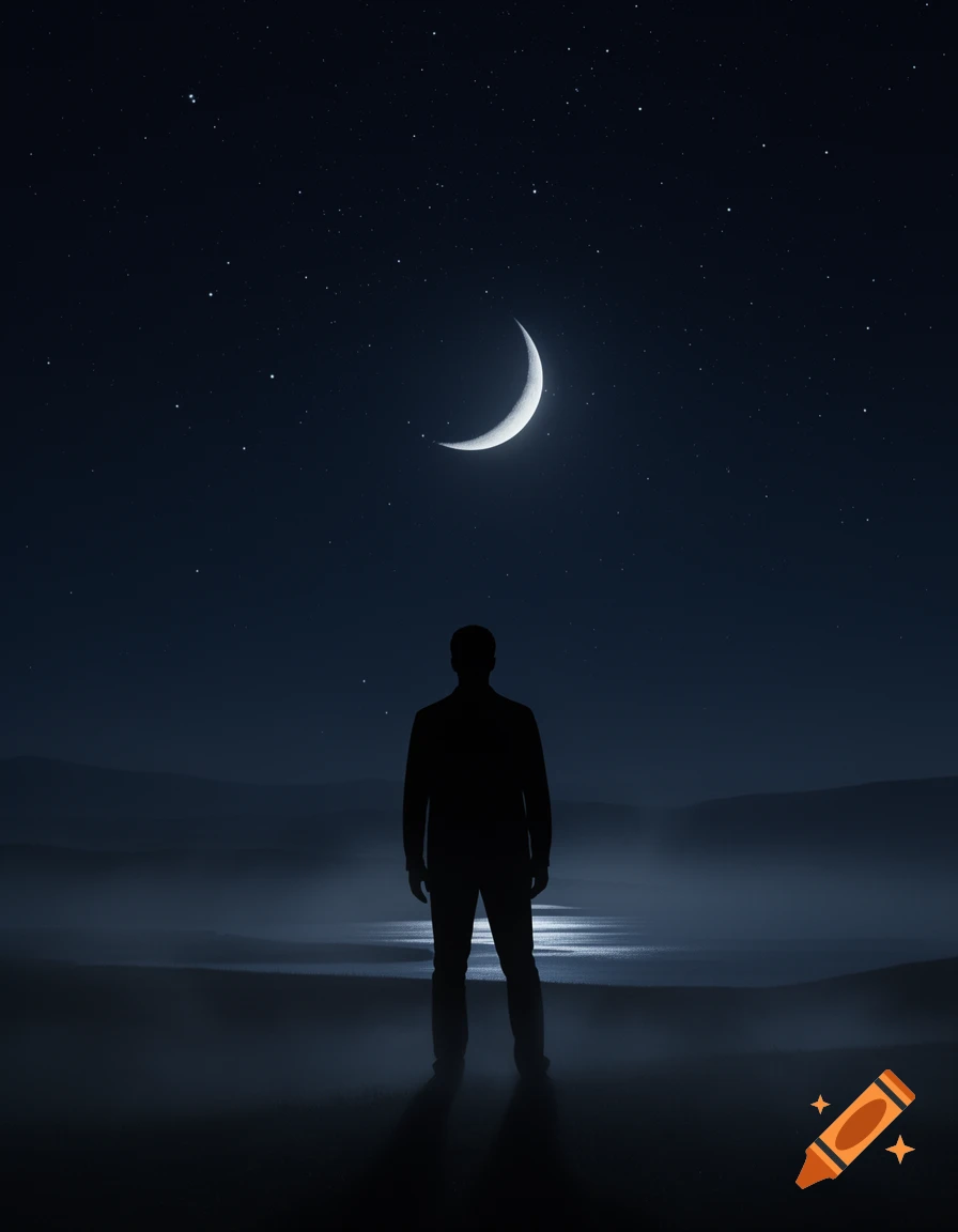 Silhouette of a man standing against a dark landscape under a starry night sky with a crescent moon.