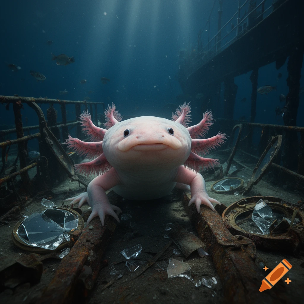 Photorealistic image of a giant axolotl in the wreckage of the Titanic deep underwater.