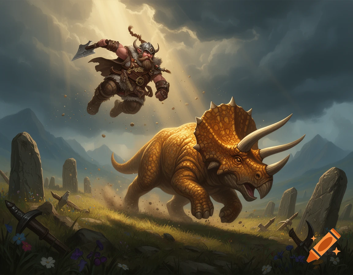 Digital painting of a dwarf barbarian leaping in the air, thrown by an orangish gold triceratops in a rocky landscape with standing stones.