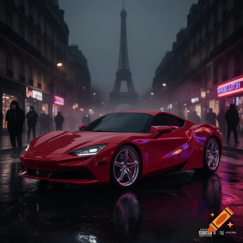 A sleek red sports car parked on a wet street in Paris at night, with the Eiffel Tower in the background, photorealistic style.